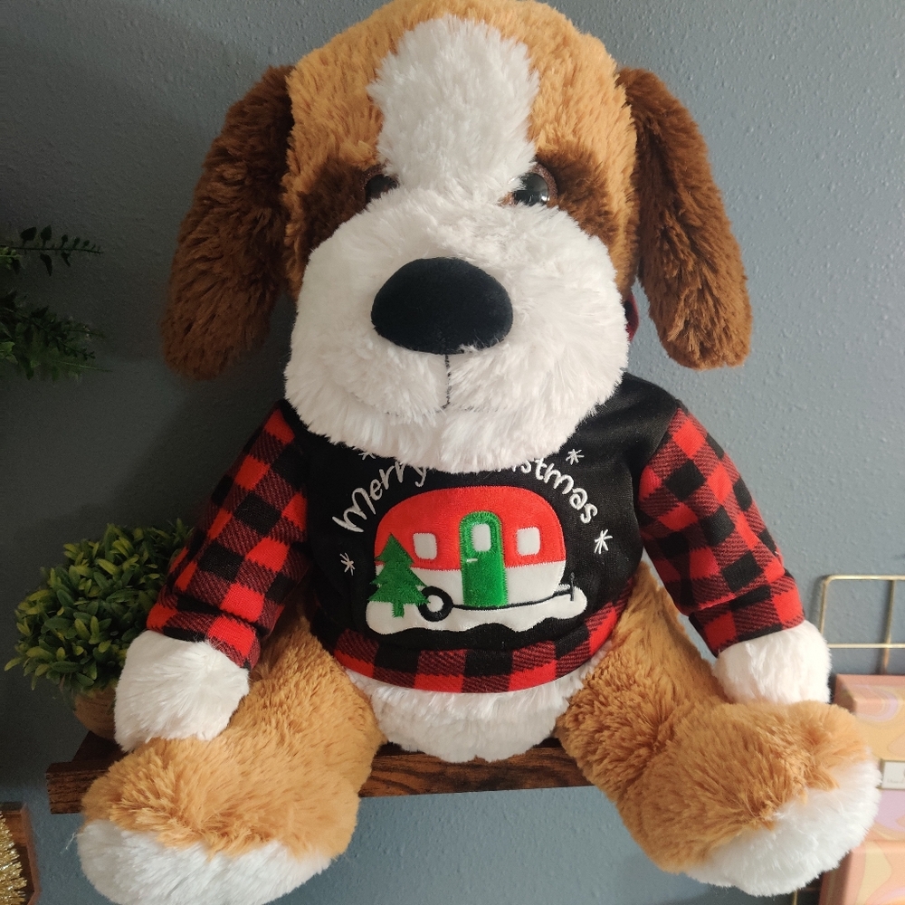 Christmas dog plush stuffed animal kids toy Merry red plaid puppy camper hoodie